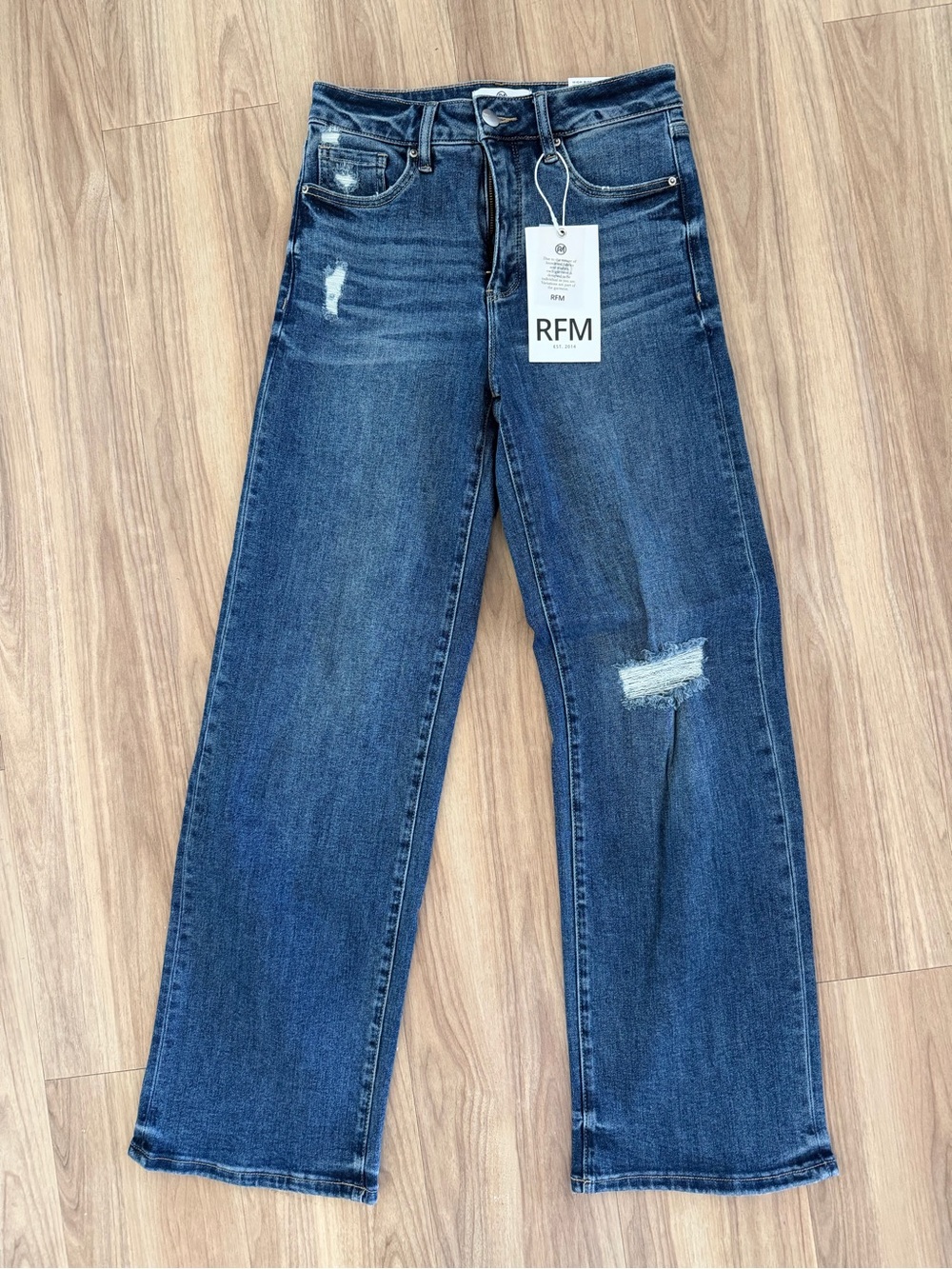 High Rise Dark Blue Distressed Wide-Leg Jeans